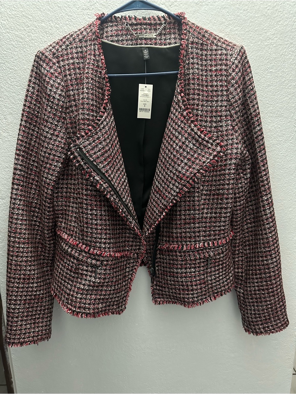 White House Black Market Pink & Black Tweed Fringe Open Blazer